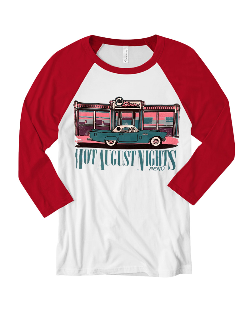 TheRetroTee Hot August Nights Reno Diner 1950s Long Sleeve Raglan T-Shirt