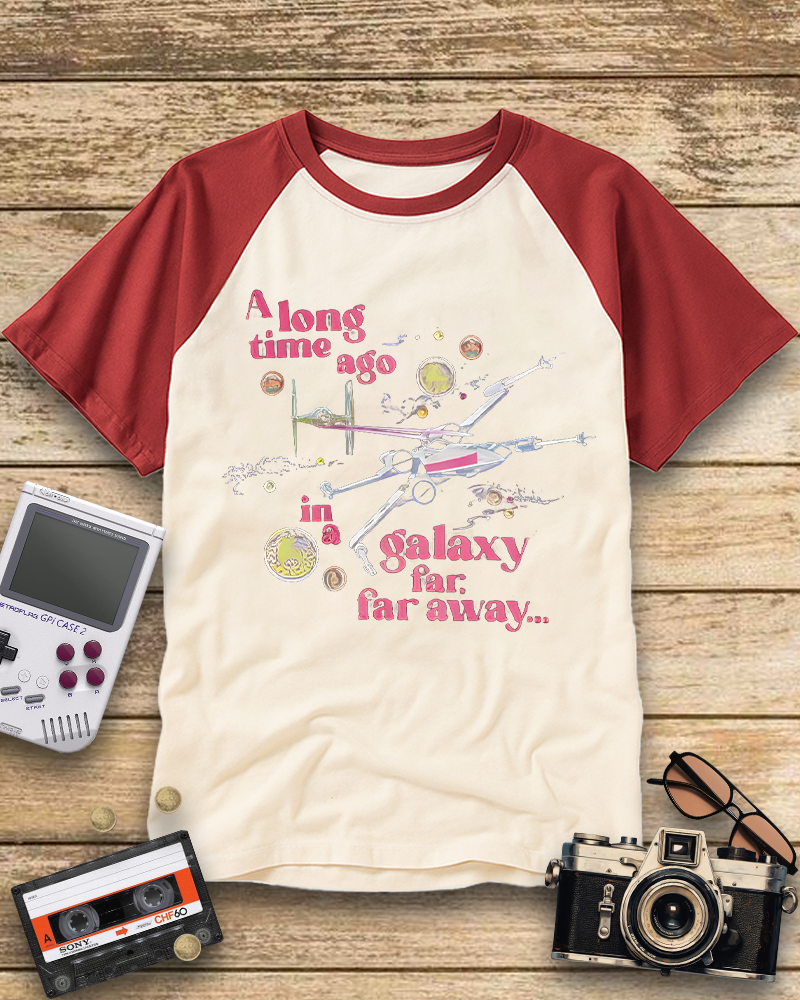 TheRetroTee A Long Time Ago In A Galaxy Far Far Away 1970s Raglan Baseball T-Shirt