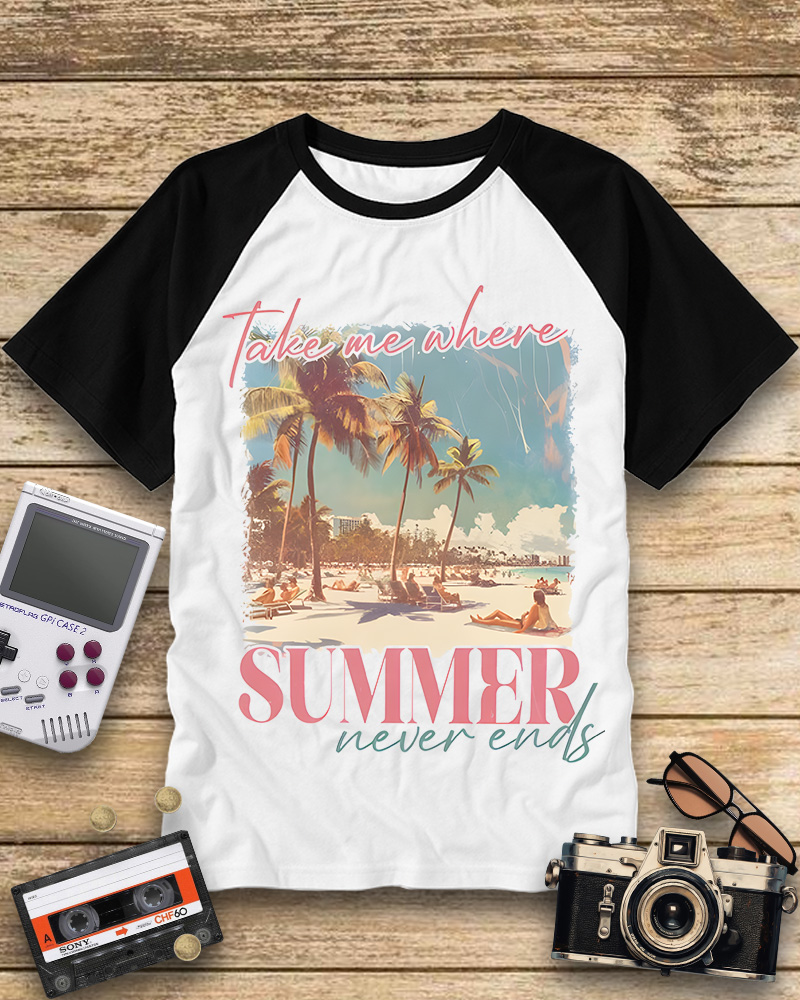 TheRetroTee Take Me Where Summer Never Ends Raglan Baseball T-Shirt