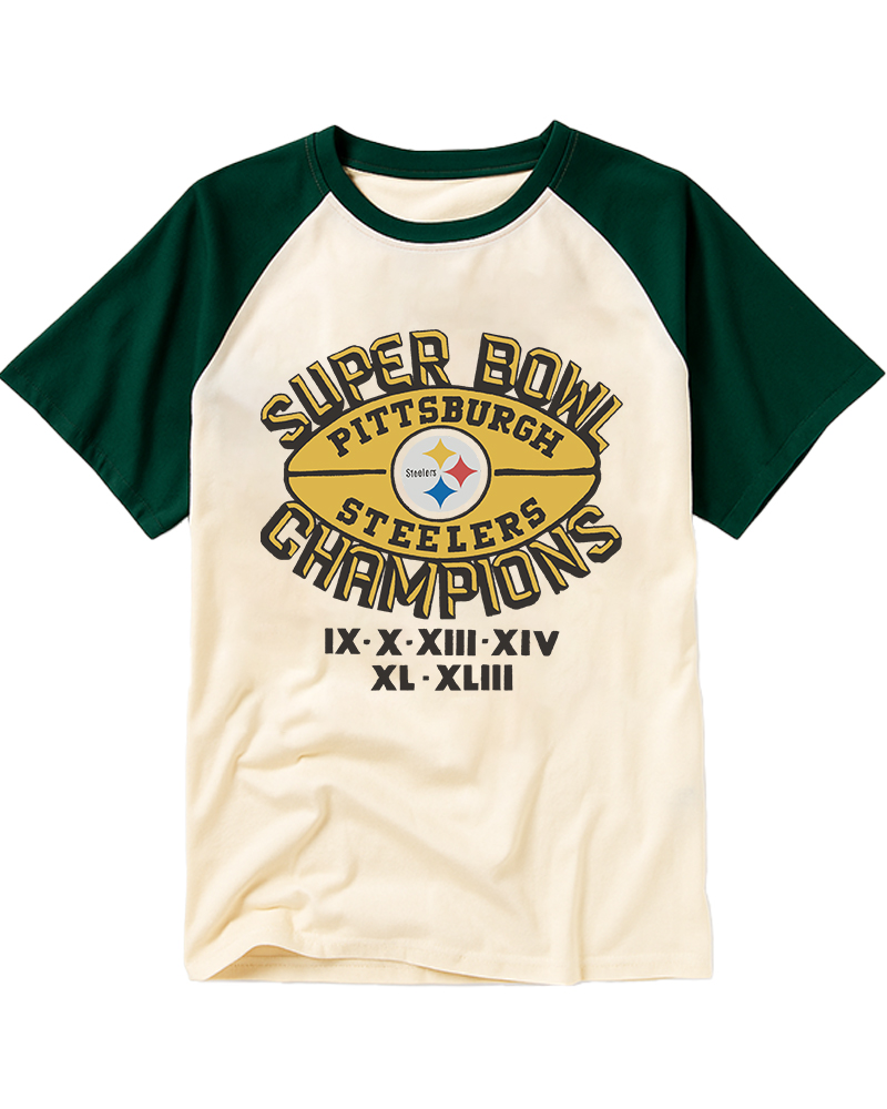 TheRetroTee Steelers 6 Time Super Bowl Champions Raglan Baseball T-Shirt