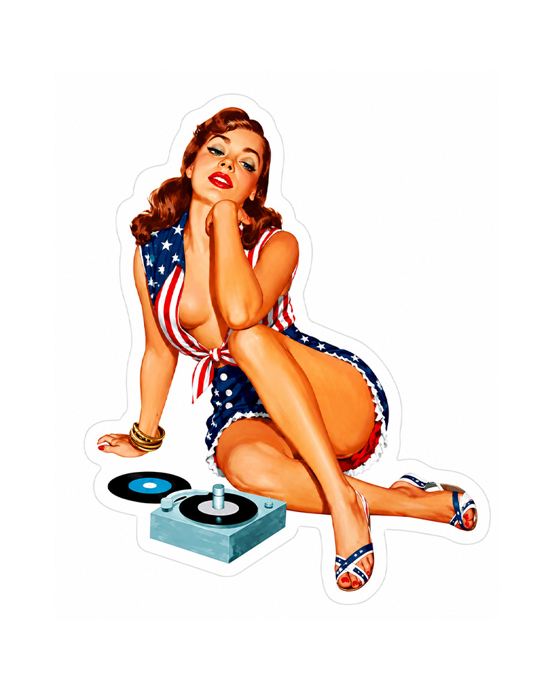 TheRetroTee Brunette Girl Listening To Music 4th Of July Sticker 