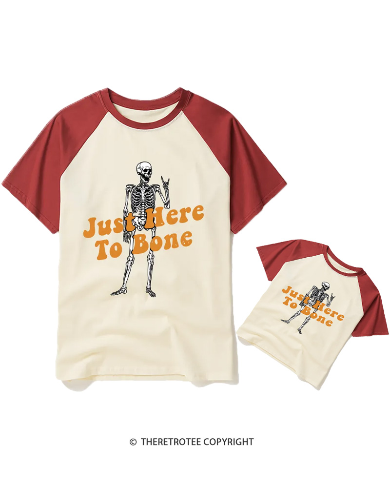 TheRetroTee Just Here To Bone 1990s Halloween Raglan Baseball Family T-Shirt