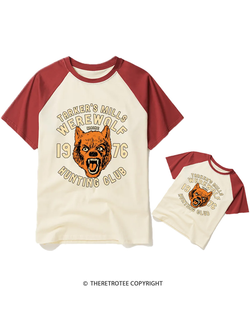 TheRetroTee Tarker's Mills Werewolf Hunting Club 1960s Halloween Raglan Baseball Family T-Shirt