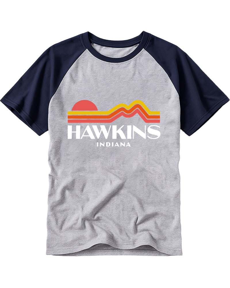TheRetroTee Retro Stranger Things Hawkins Indiana Raglan Baseball T-Shirt