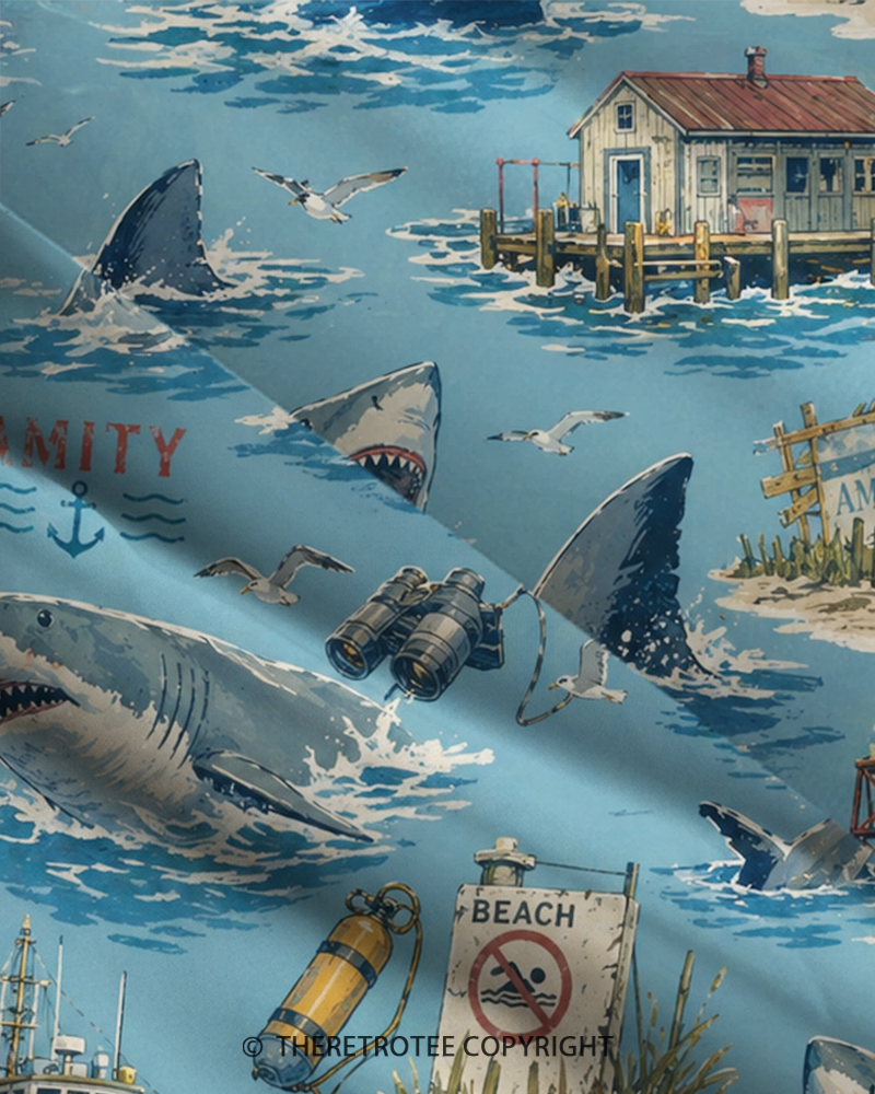 TheRetroTee 1970s Vintage Shark Ocean Nautical Adventure Graphic Strappy Maxi Dress