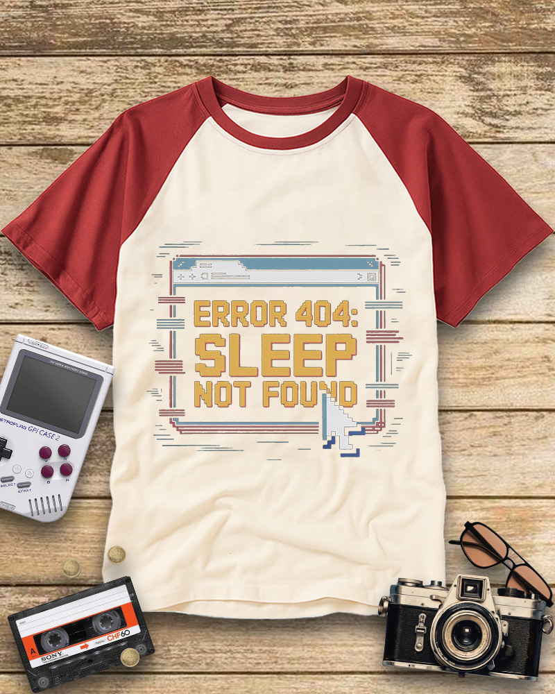 TheRetroTee Pixel Graphic Error 404 Sleep Not Found 1990s Raglan Baseball T-Shirt