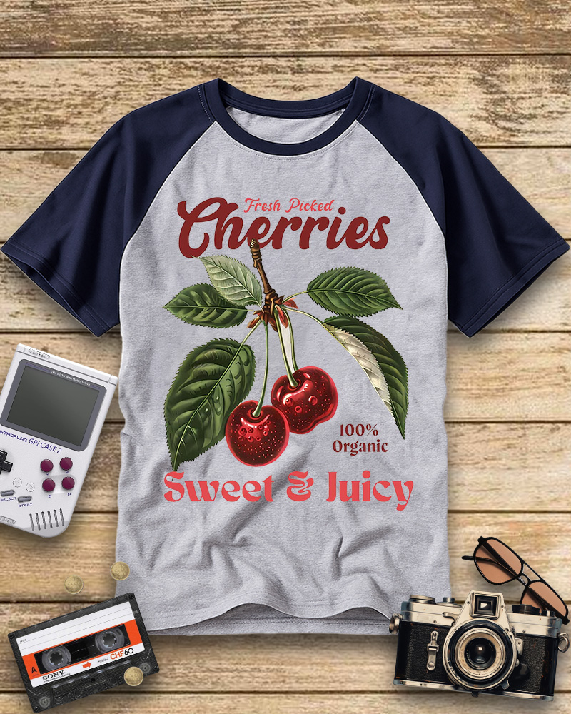 TheRetroTee Vintage Cherry Raglan Baseball T-Shirt
