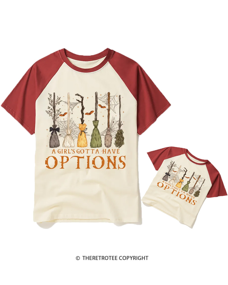 TheRetroTee A Girl Gotta Have Options 1980s Halloween Raglan Baseball Family T-Shirt