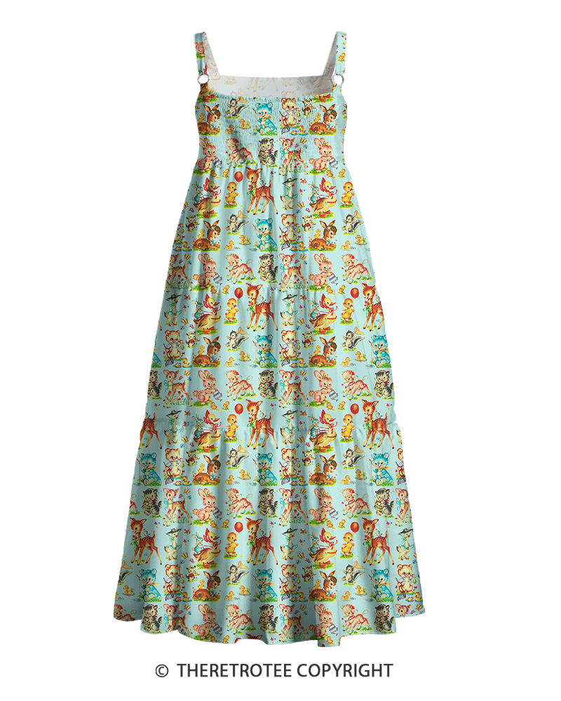 TheRetroTee 1950s Vintage Cute Kitsch Animal Collage Patchwork Strappy Maxi Dress
