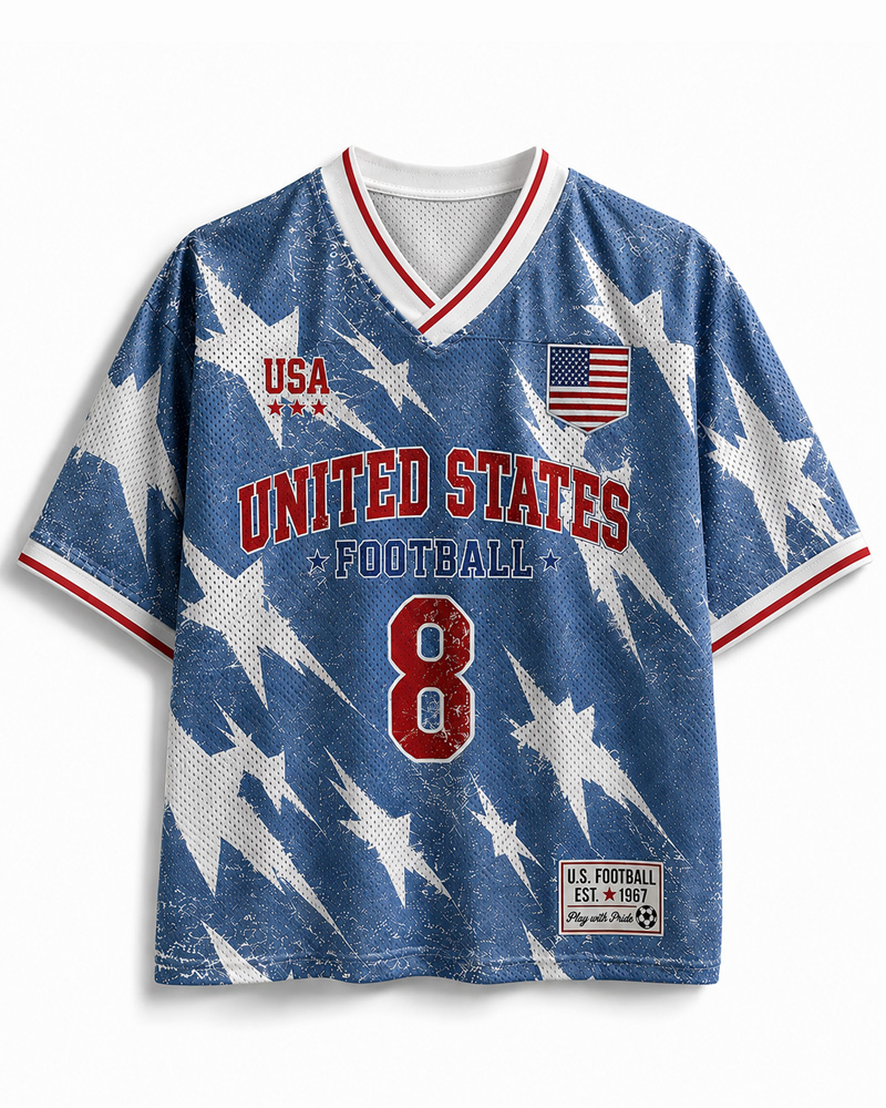 TheRetroTee USA-Inspired Vintage Patriotic Star Print #8 Mesh Jersey
