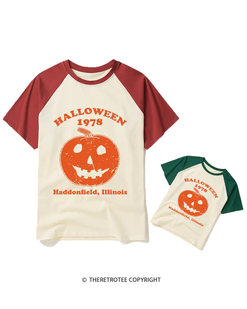 TheRetroTee Halloween 1978, Haddonfield, Illinois 1980s Halloween Raglan Baseball Family T-Shirt