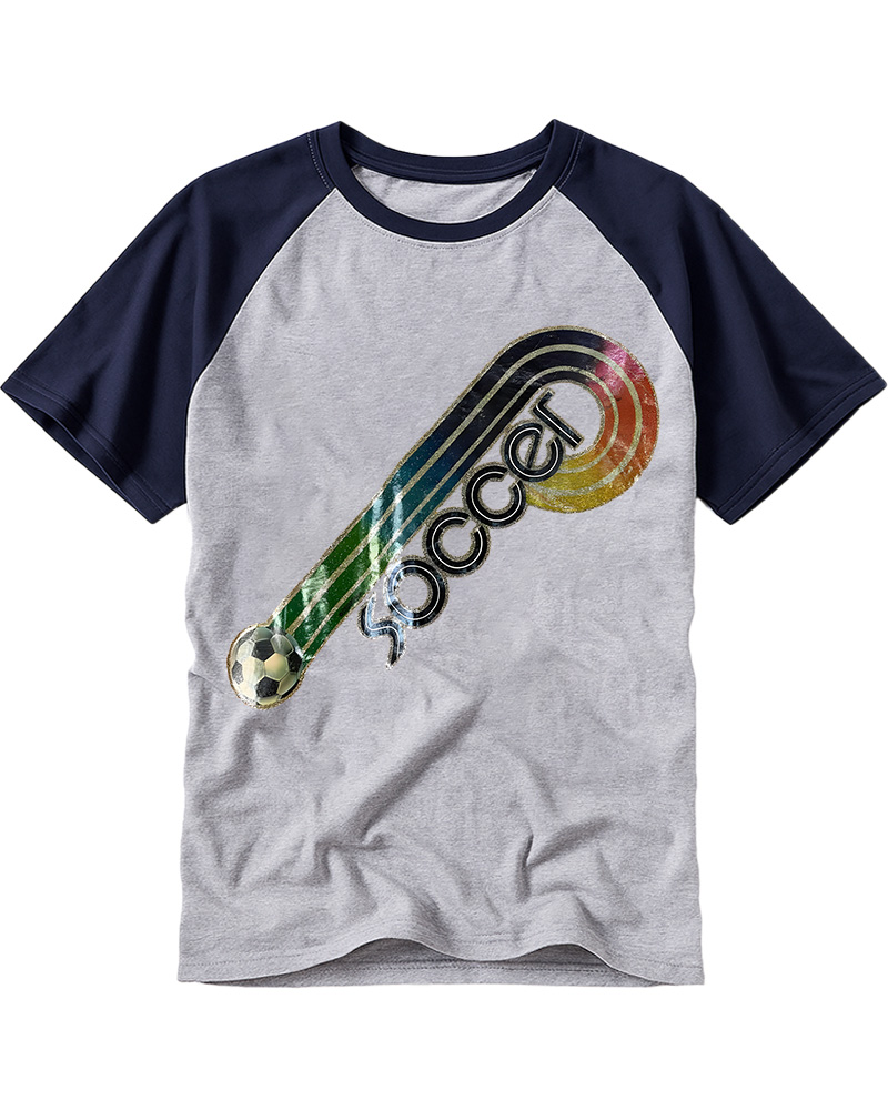 TheRetroTee 70s-80s Rainbow Glitter Soccer Iron Raglan Baseball T-Shirt