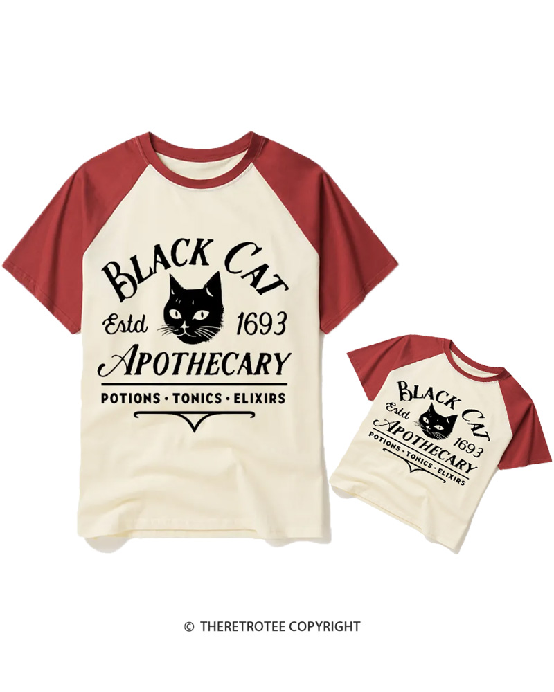 TheRetroTee Black Cat Apothecary Vintage Raglan Baseball Family T-Shirt