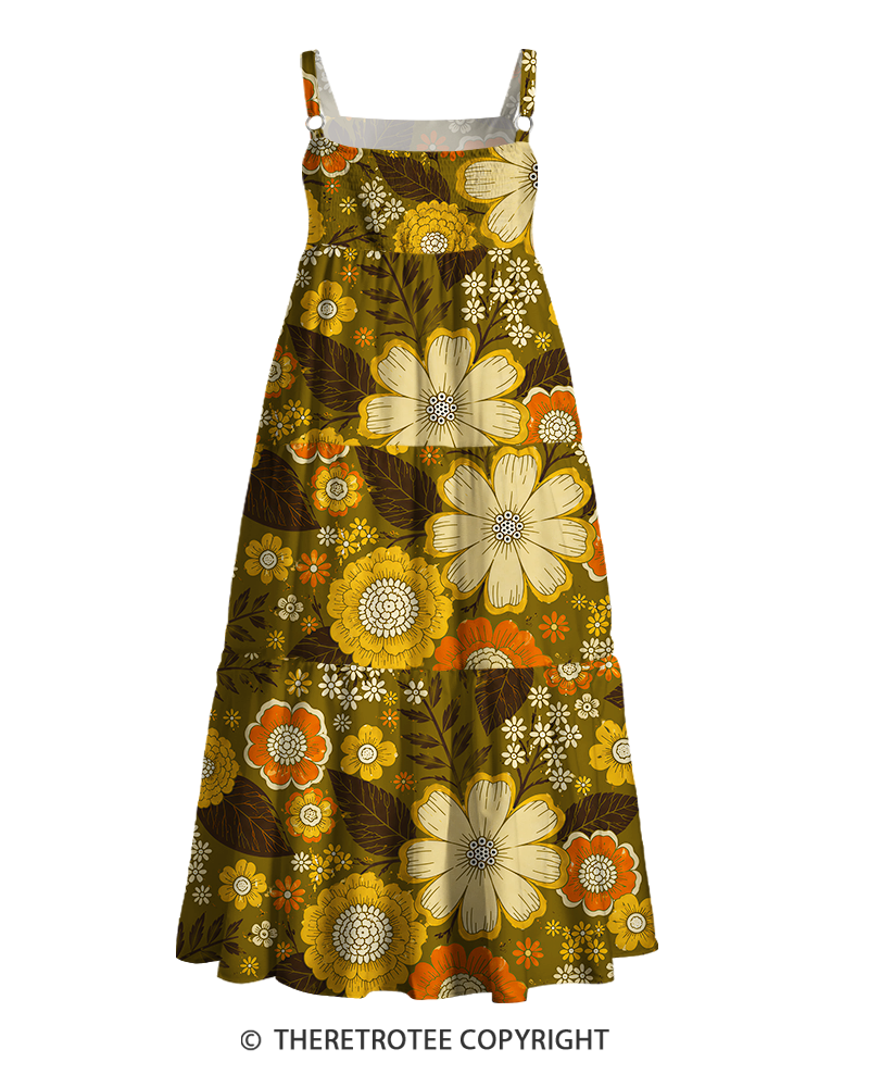 TheRetroTee 1970s Vintage Graphic Earth Tone Floral Maxi Dress