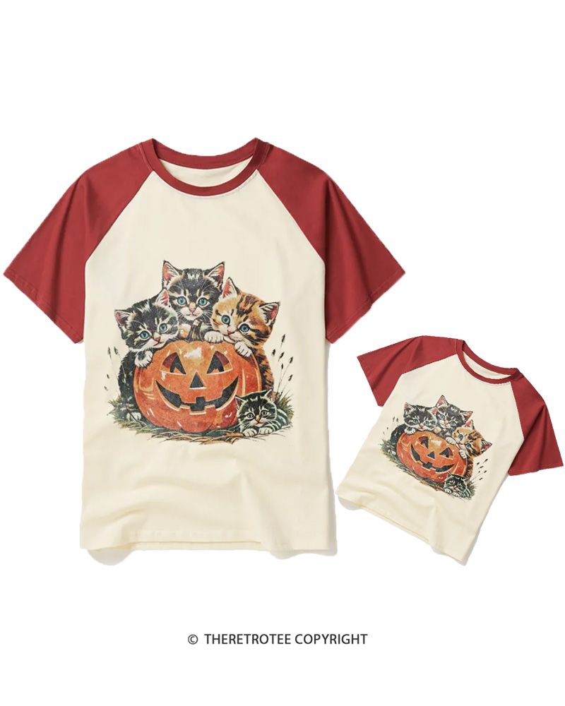 TheRetroTee Vintage Cat Halloween 1990s Raglan Baseball Family T-Shirt