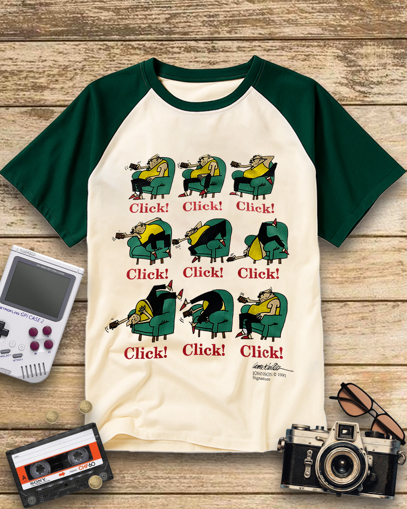TheRetroTee 1990s Johnson Signature Click Cartoon Raglan Baseball T-Shirt