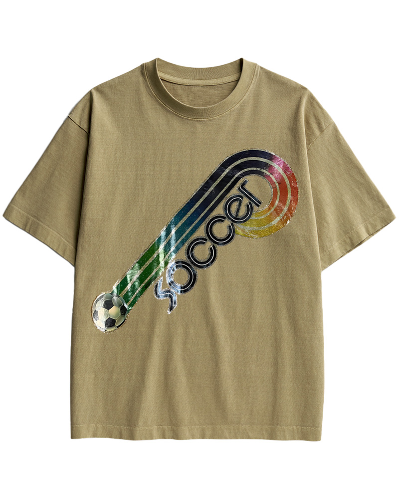 TheRetroTee 70s-80s Rainbow Glitter Soccer Iron Cotton T-Shirt