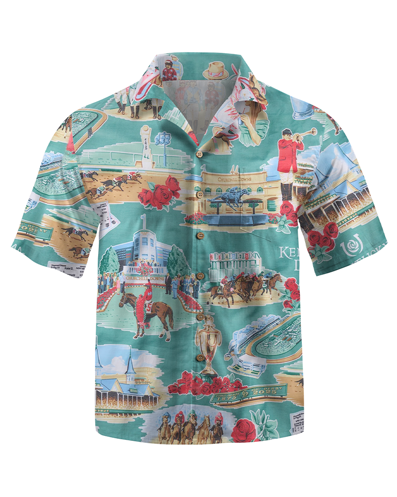 TheRetroTee Kentucky Derby 151st Anniversary Performance Button Front Hawaiian Shirt
