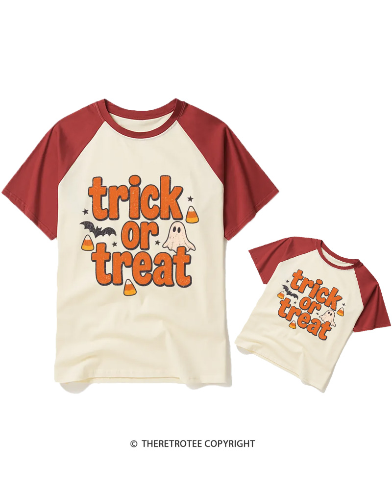 TheRetroTee Trick Or Treat 1940s Raglan Baseball Family T-Shirt