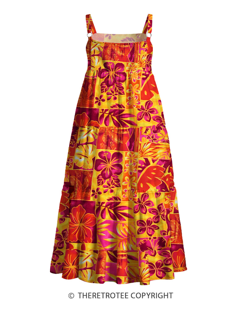 TheRetroTee 1960s Retro Hawaiian Tiki Patchwork Tropical Floral Strappy Maxi Dress