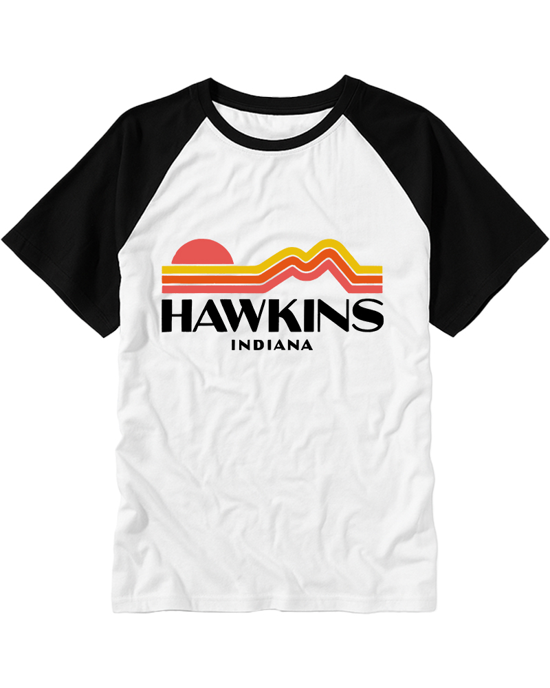 TheRetroTee Retro Stranger Things Hawkins Indiana Raglan Baseball T-Shirt