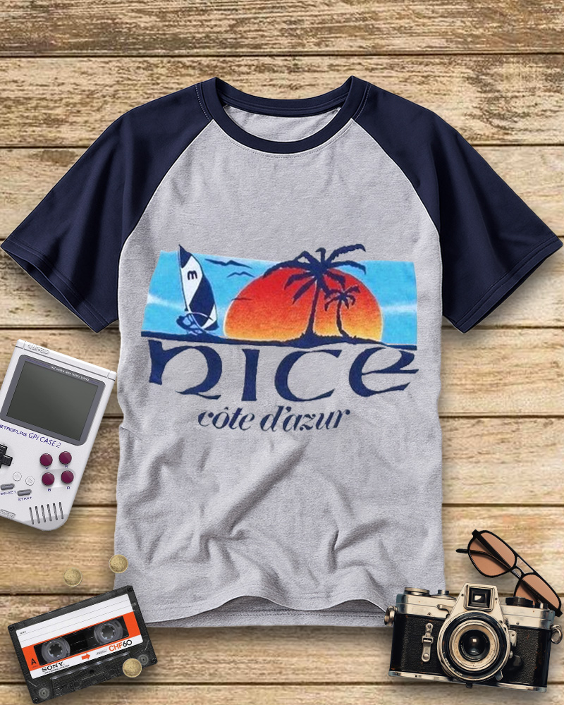 TheRetroTee Vintage Sunset on the French Riviera Raglan Baseball T-Shirt