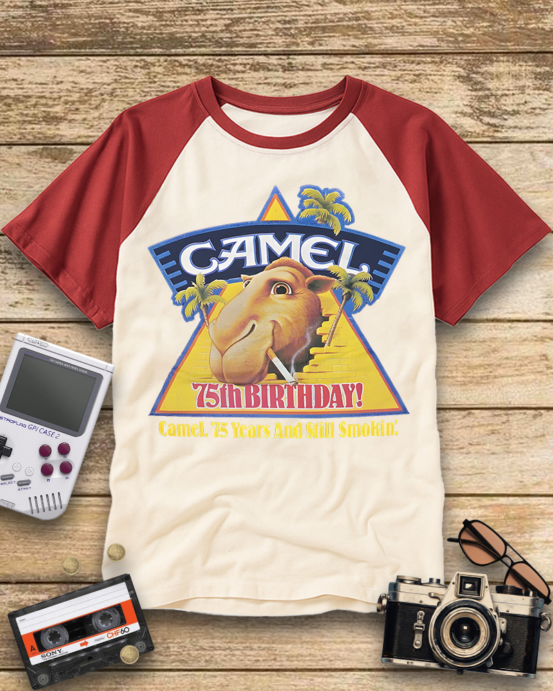 TheRetroTee Camel cigarettes smokin' 1970s Raglan Baseball T-Shirt