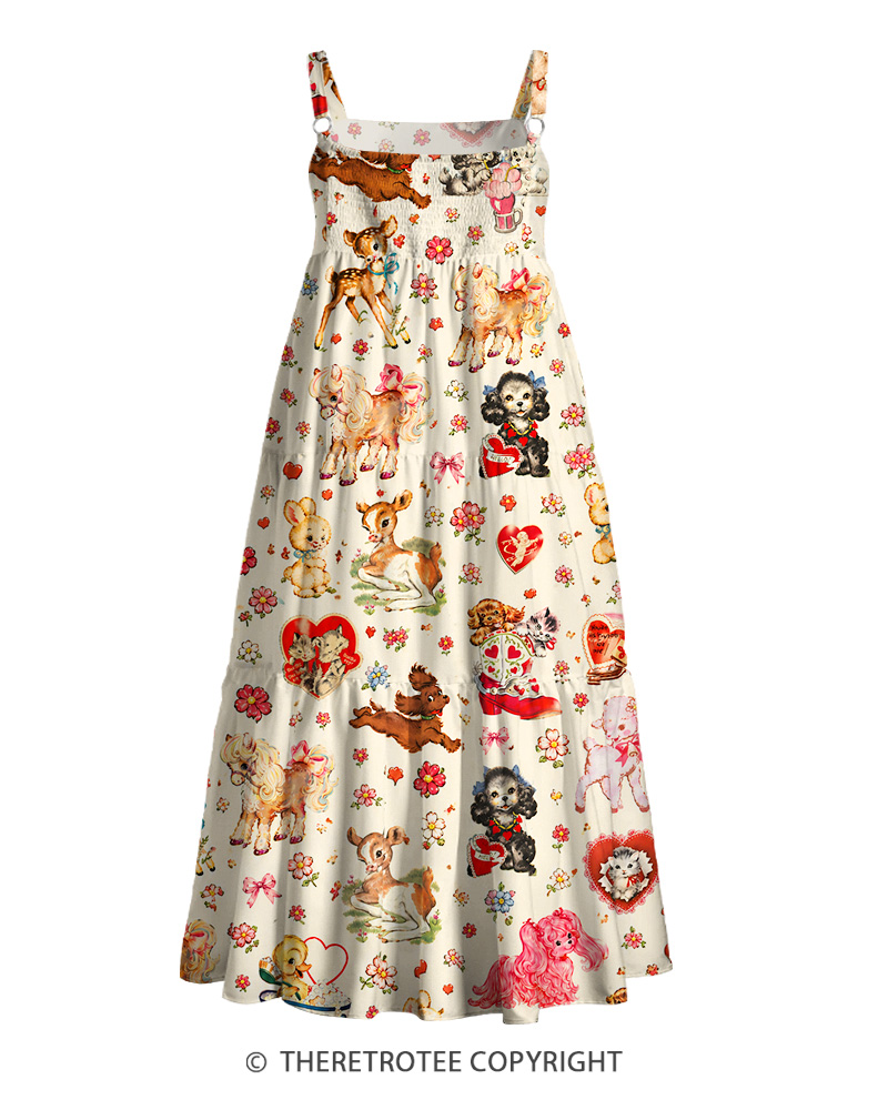 TheRetroTee 1950s Vintage Cute Kitsch Animal Collage Print Strappy Maxi Dress