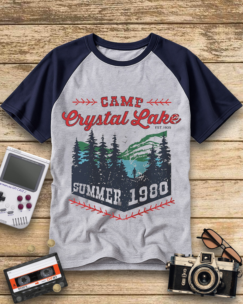 TheRetroTee Camp Crystal Lake Summer 1980 Vintage Halloween Raglan Baseball T-Shirt