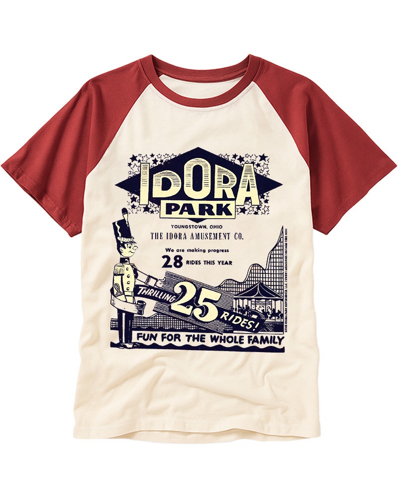TheRetroTee Idora Park's Thrilling 25 Rides 1910s Raglan Baseball T-Shirt