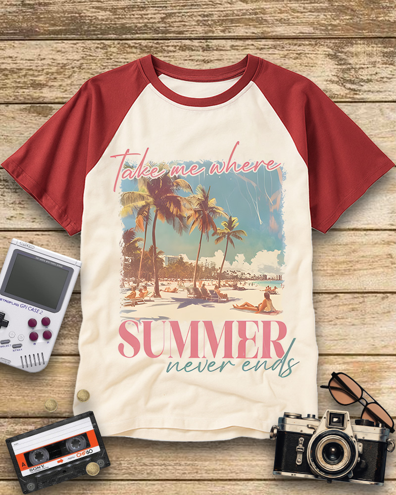 TheRetroTee Take Me Where Summer Never Ends Raglan Baseball T-Shirt