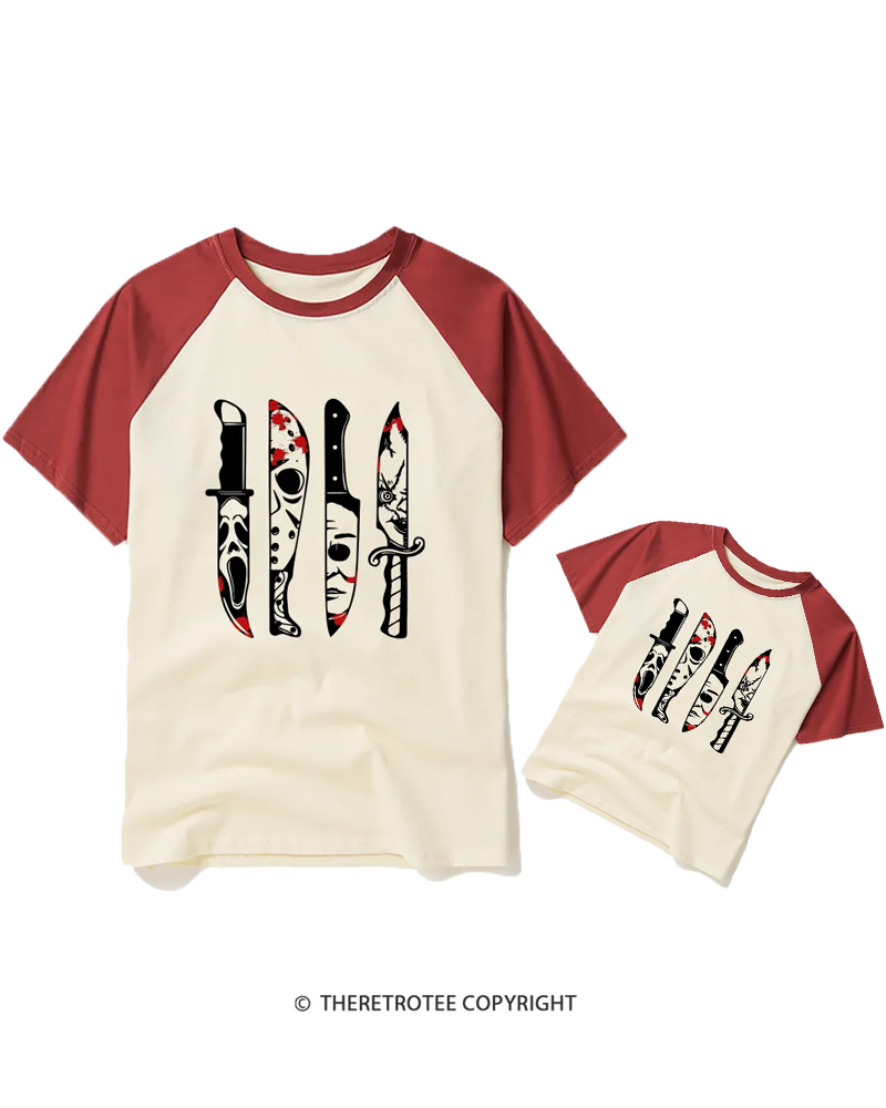 TheRetroTee Horror Movie Characters In Knives 1970s Raglan Baseball Family T-Shirt