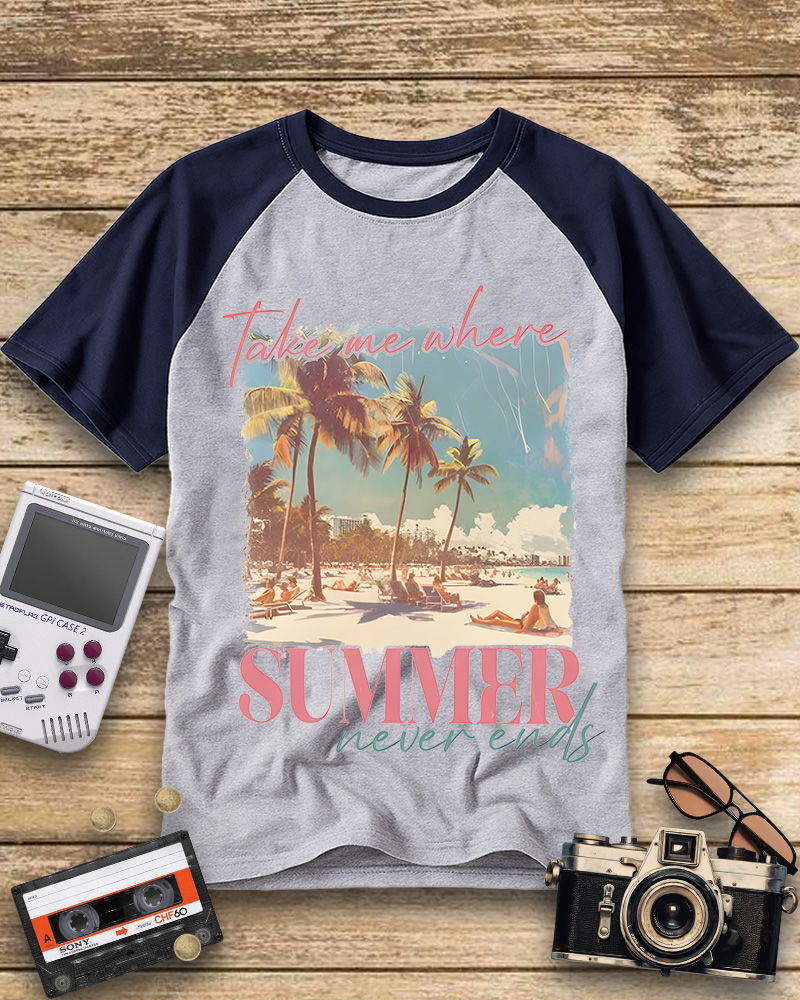 TheRetroTee Take Me Where Summer Never Ends Raglan Baseball T-Shirt