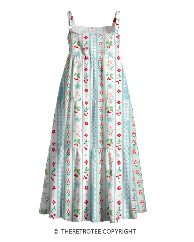 TheRetroTee 1950s Vintage Patchwork Floral Cherry Cottagecore Strappy Maxi Dress