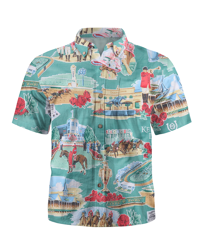 TheRetroTee Kentucky Derby 151st Anniversary Performance Button Front Hawaiian Shirt