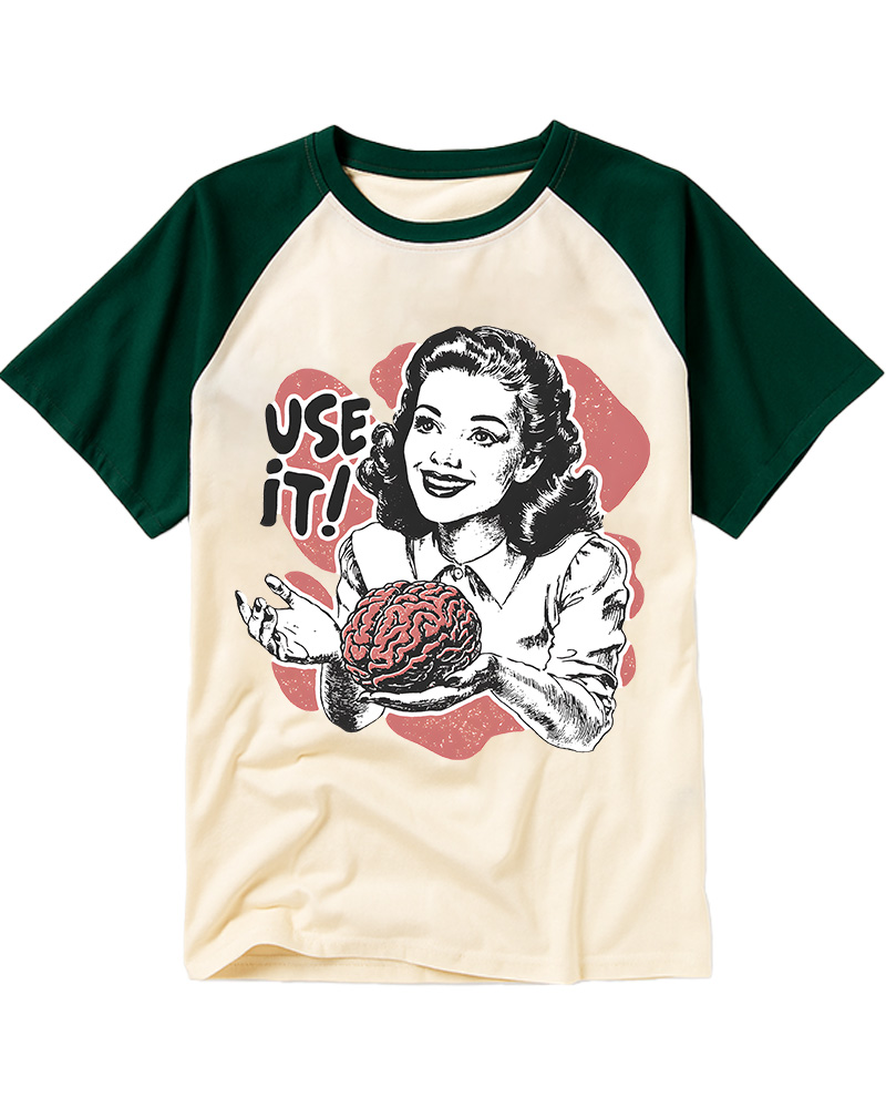 TheRetroTee Use Your Brain Sarcastic Vintage Raglan Baseball T-Shirt