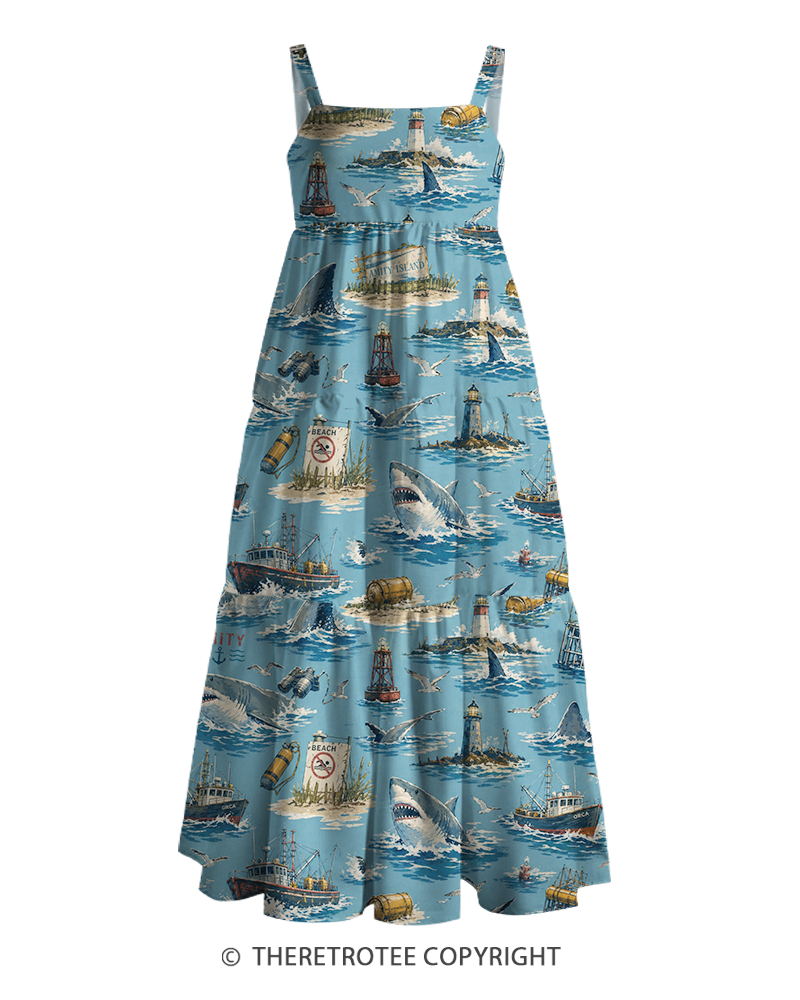 TheRetroTee 1970s Vintage Shark Ocean Nautical Adventure Graphic Strappy Maxi Dress