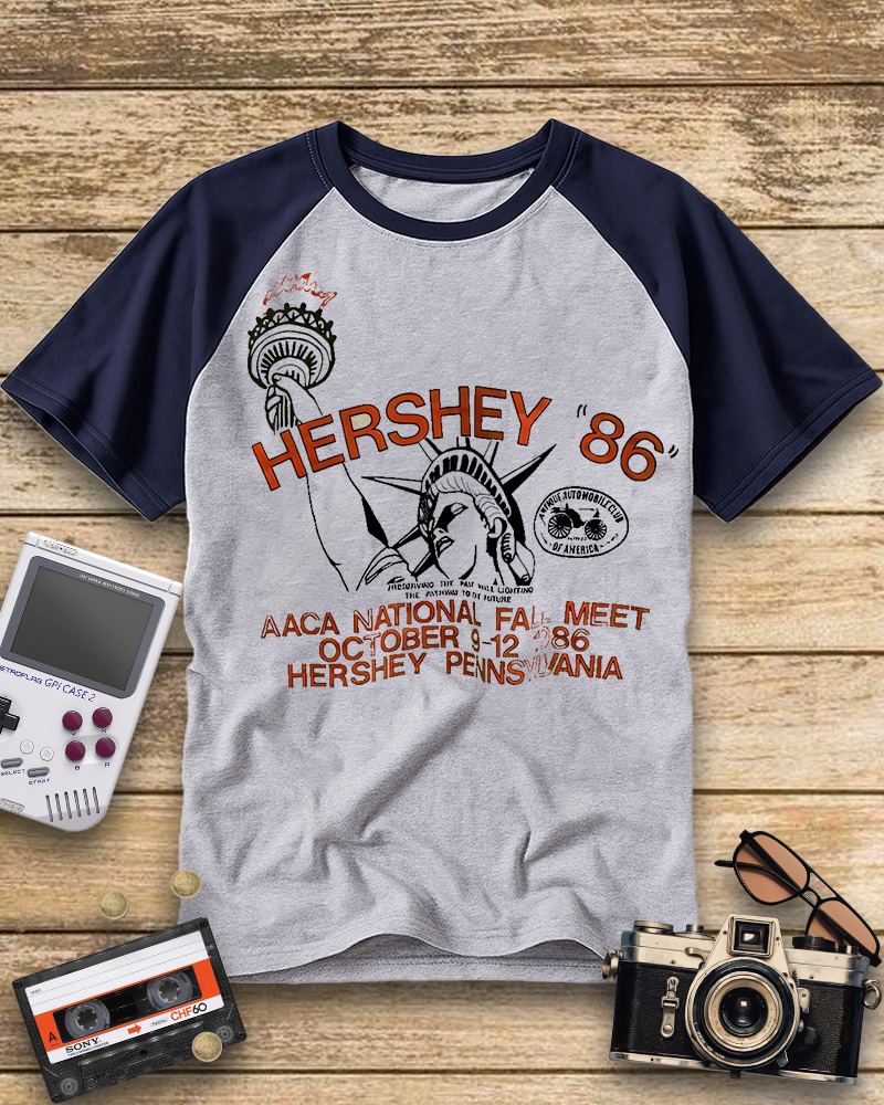TheRetroTee 1986 Antique Auto Club Meet Hershey Raglan Baseball T-Shirt