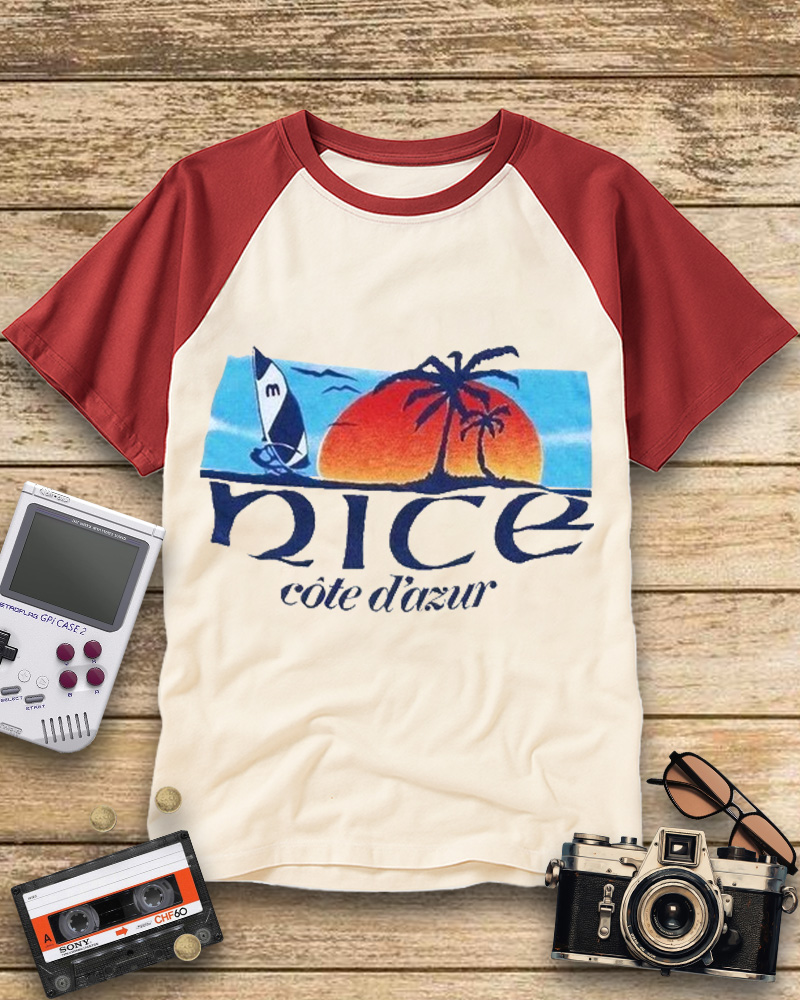 TheRetroTee Vintage Sunset on the French Riviera Raglan Baseball T-Shirt