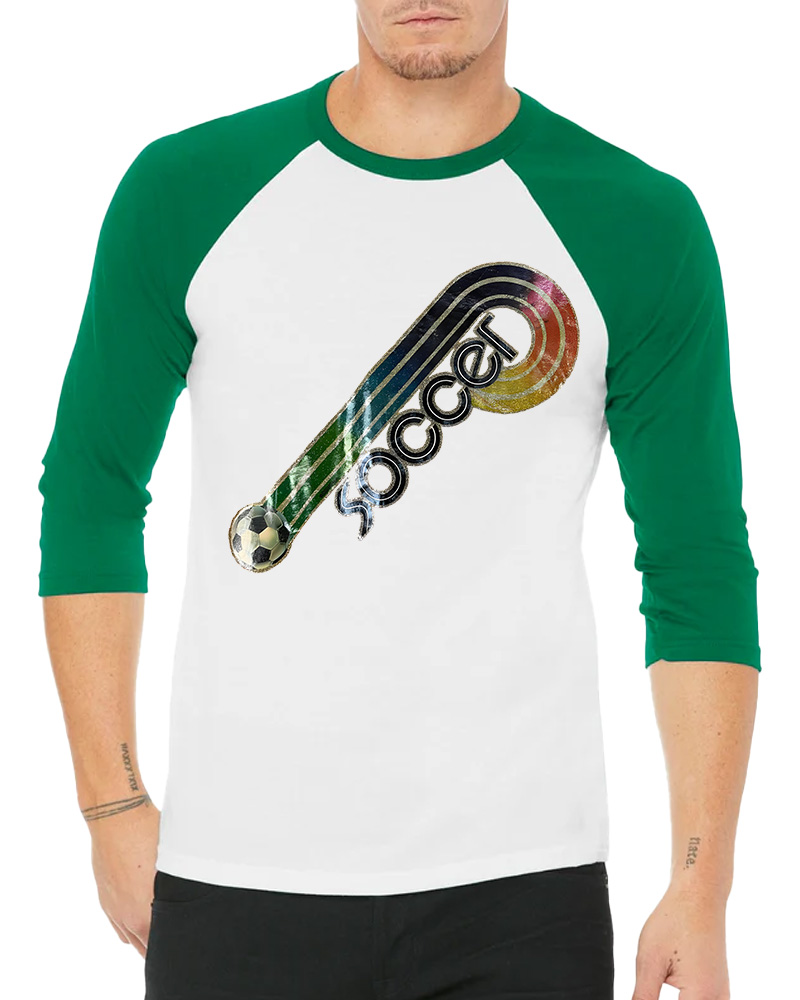 TheRetroTee 70s-80s Rainbow Glitter Soccer Iron Long Sleeve Raglan T-Shirt