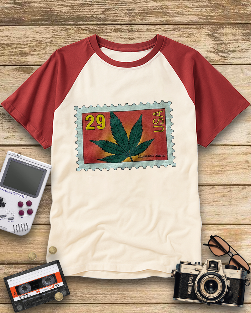 TheRetroTee Vintage 1993 Sativa Cannabis Postal Stamp Nostalgic Raglan Baseball T-Shirt