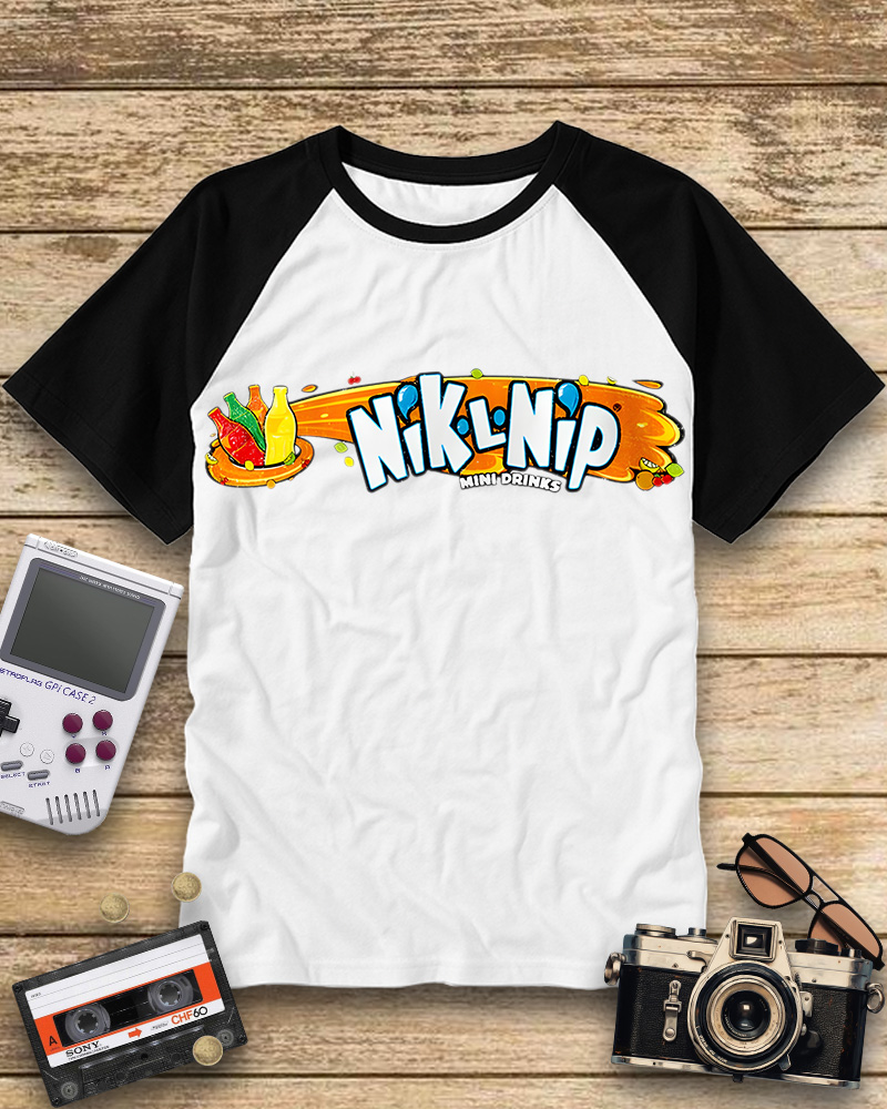 TheRetroTee NIK-L-NIP Crop Top Candy Wax Bottle Brand Logo Raglan Baseball T-Shirt