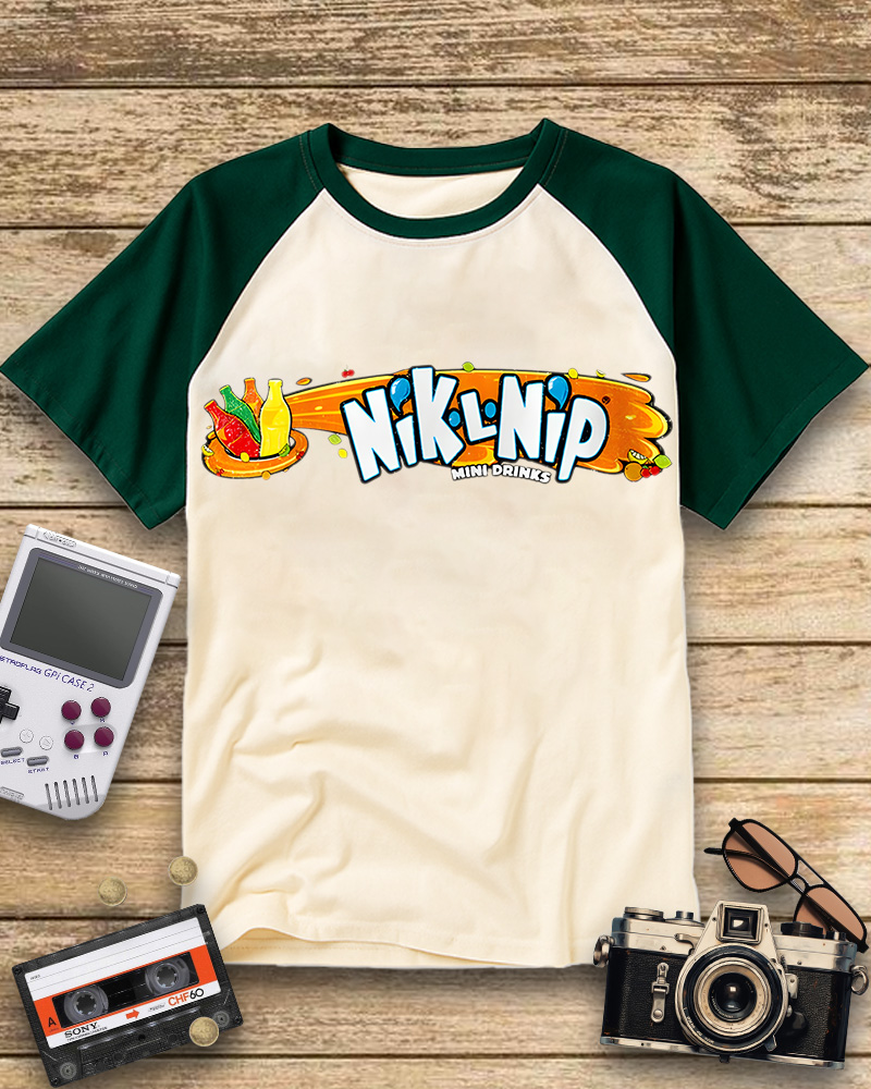 TheRetroTee NIK-L-NIP Crop Top Candy Wax Bottle Brand Logo Raglan Baseball T-Shirt