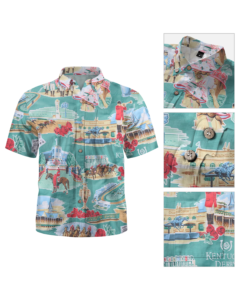 TheRetroTee Kentucky Derby 151st Anniversary Performance Button Front Hawaiian Shirt