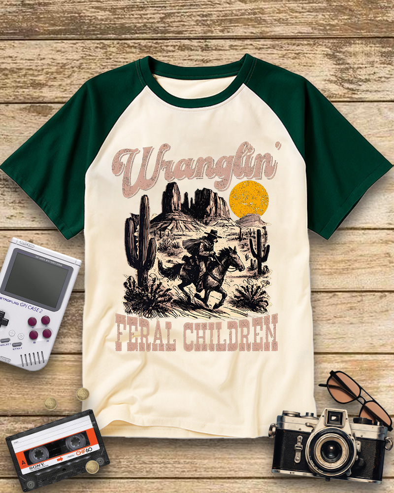 TheRetroTee Retro Wranglin' Feral Children Raccoon 90s Raglan Baseball T-Shirt