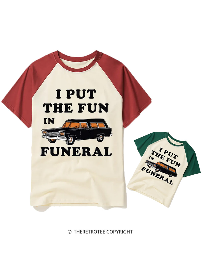 TheRetroTee I Put The Fun In Funeral 1960s Halloween Raglan Baseball Family T-Shirt