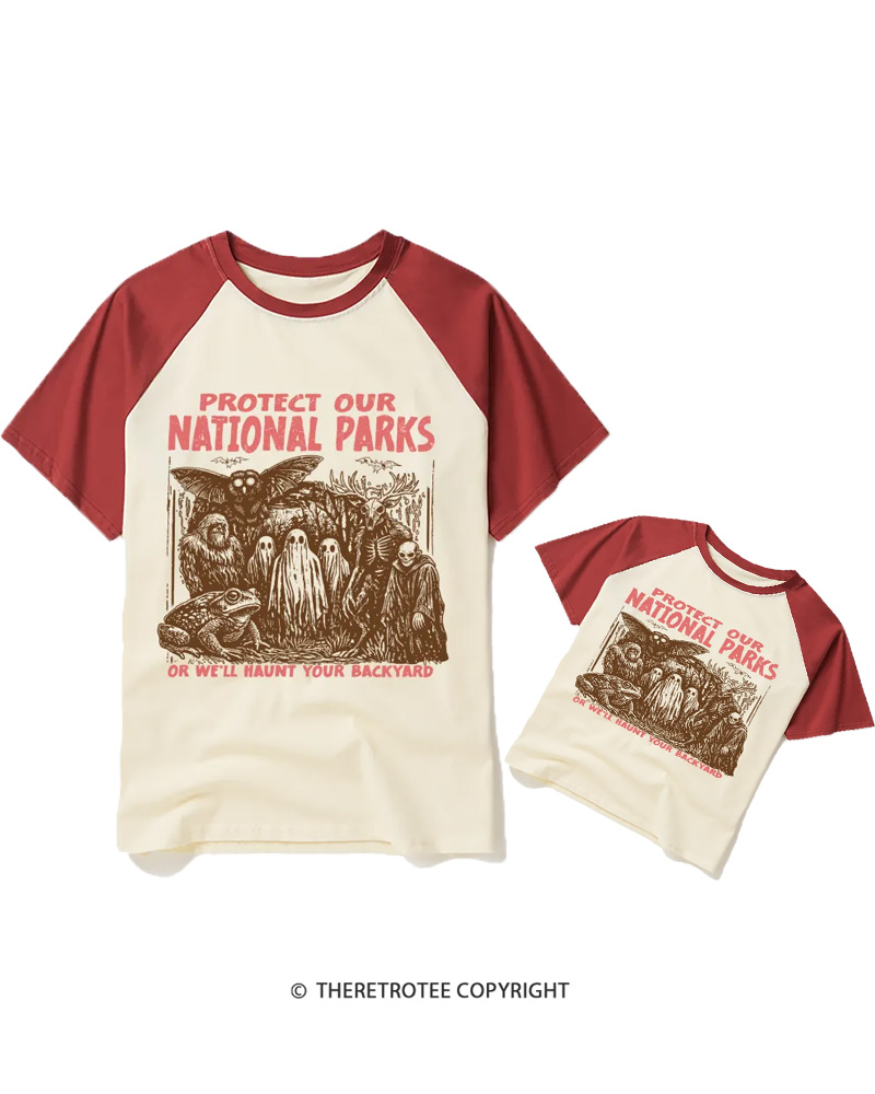 TheRetroTee Cryptid Creatures Protect Our Parks Camping Hiking Raglan Baseball Family T-Shirt