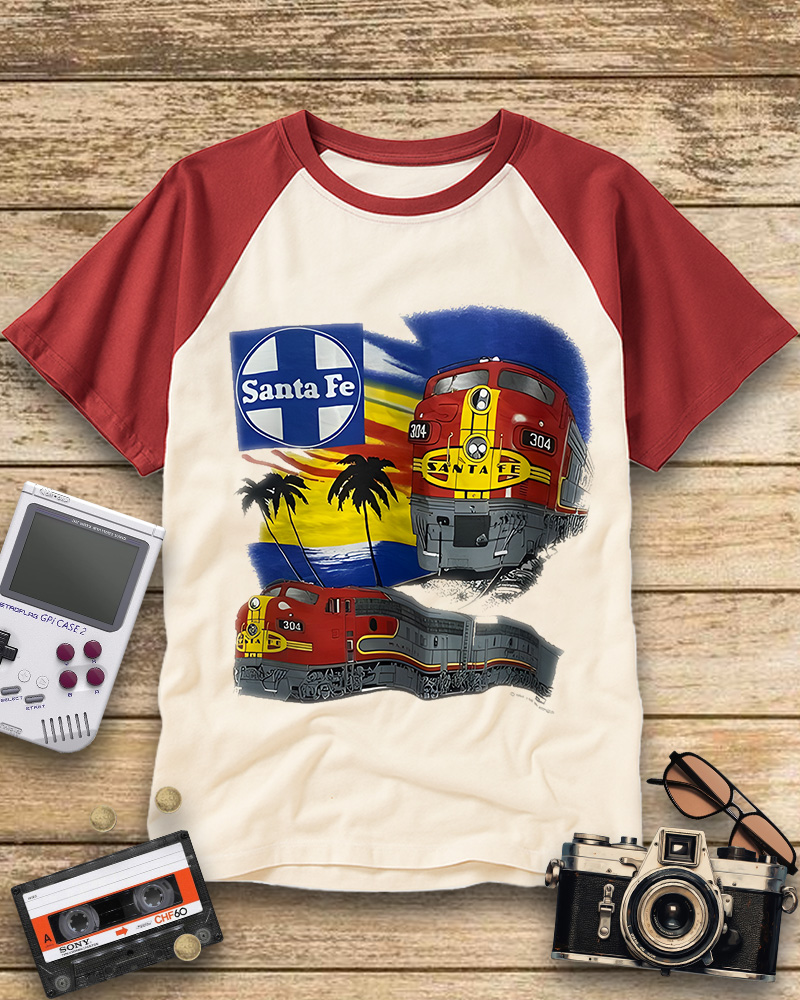 TheRetroTee 1990s Santa Fe Railroad 304 Train Raglan Baseball T-Shirt