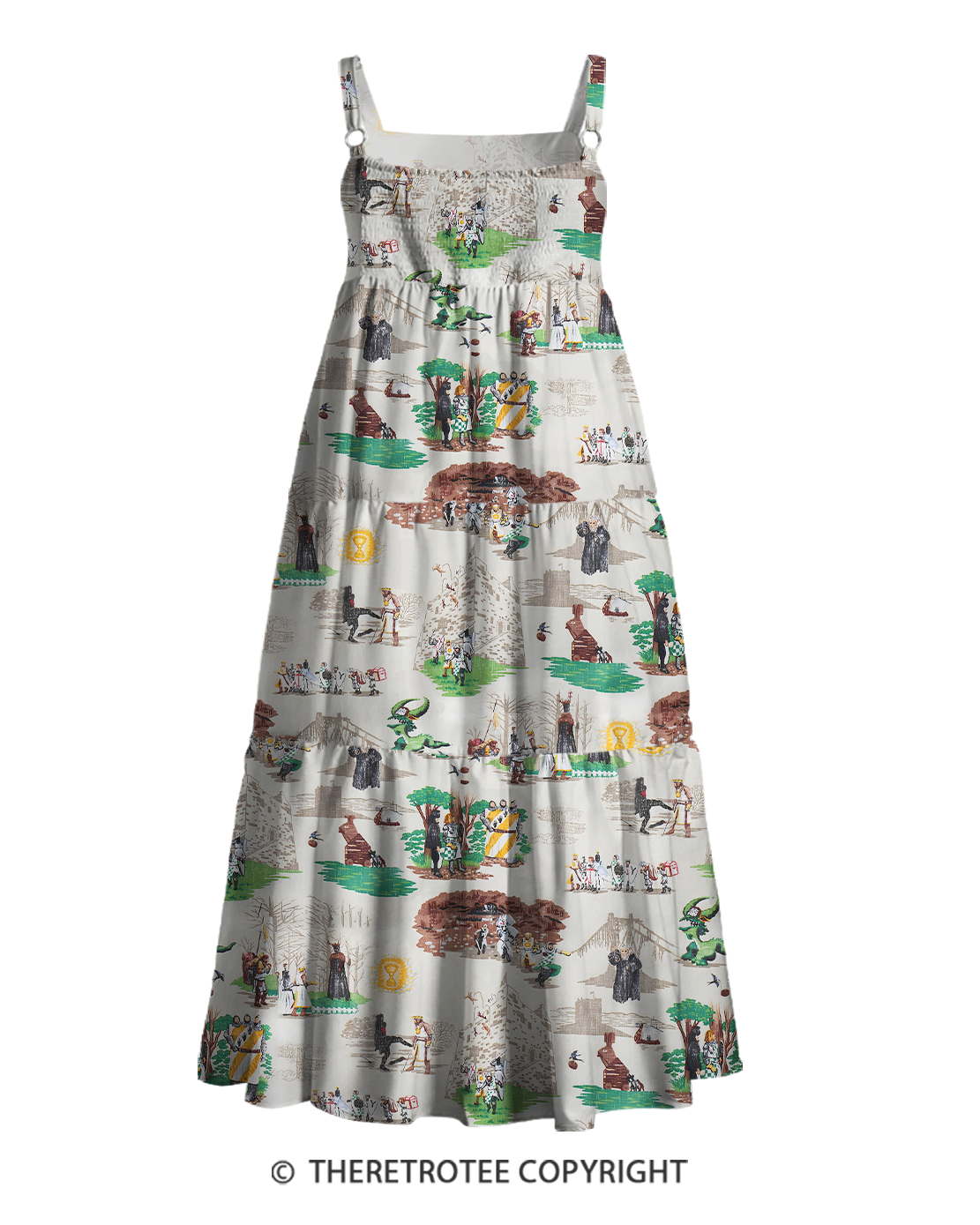 TheRetroTee 1970s Vintage Medieval Fantasy Toile Scene Print Strappy Maxi Dress
