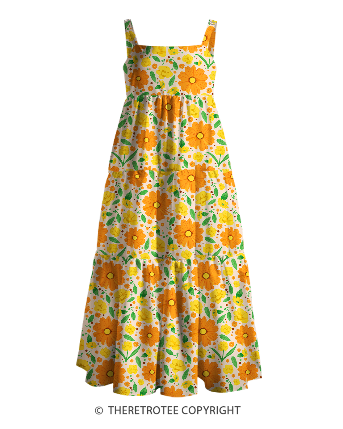 TheRetroTee 1970s Retro Groovy Orange Daisy Floral Boho Strappy Maxi Dress